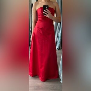 Red strapless evening gown